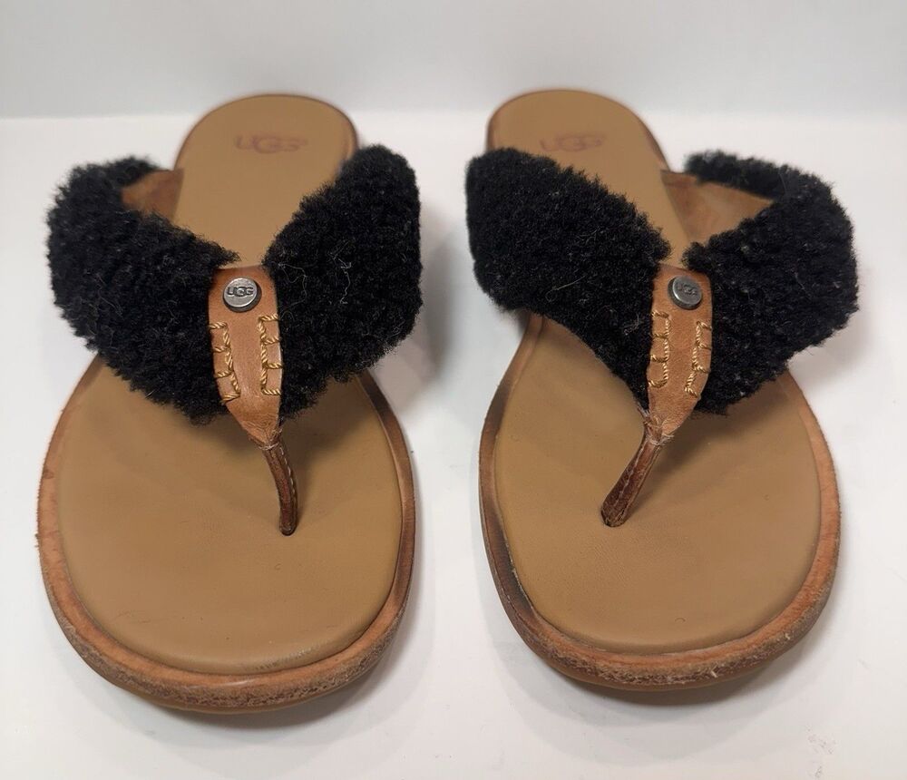 UGG Black Shearling Thong Sandals Leather Flip Flops Women’s Sz 6.5 Est